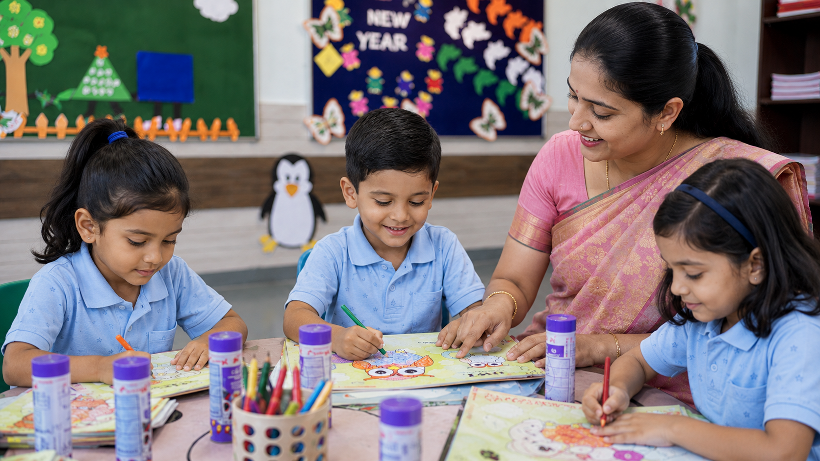 Young students learning with teacher guidance