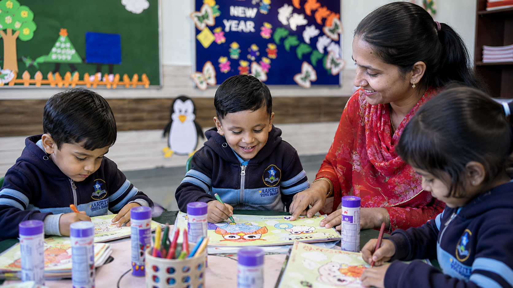 Primary students learning with teacher guidance